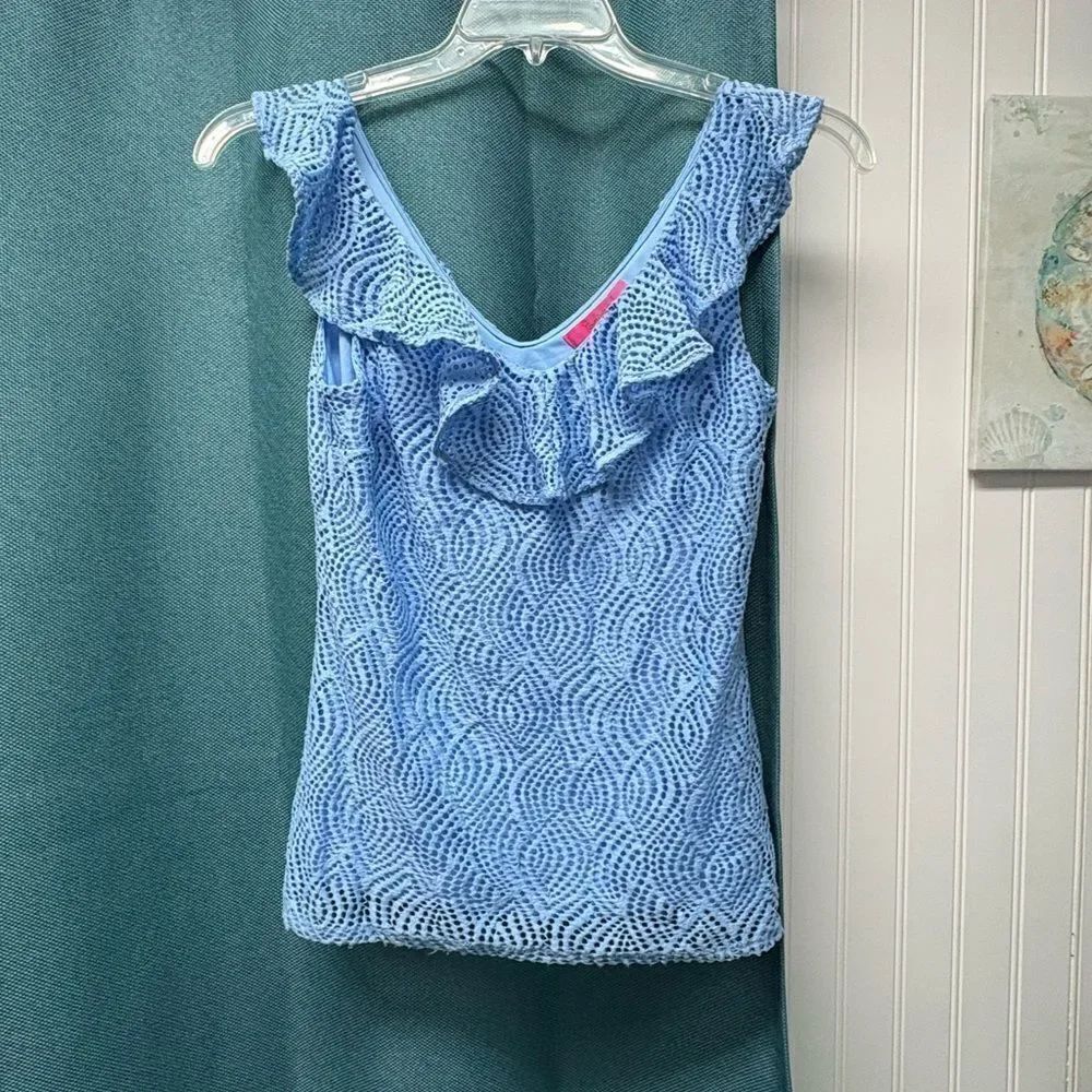 Lilly Pulitzer Alessa Ruffle Collar Woven Blue Tank Top Lined Size Small